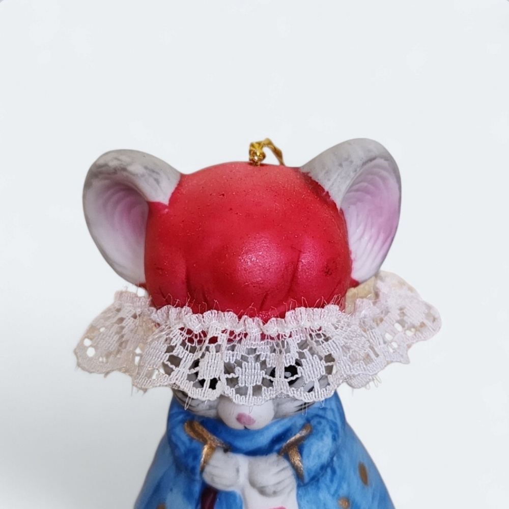 Vintage Jasco Lil Chimer Knitting Mouse Christmas Ornament Bell Bisque Porcelain - Picture 3 of 10